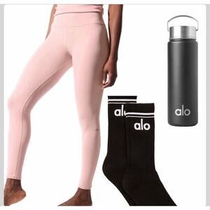 NWT Alo Yoga 3PC Bundle Pink Leggings Sz S Socks Water Bottle Pilates Gym Gift